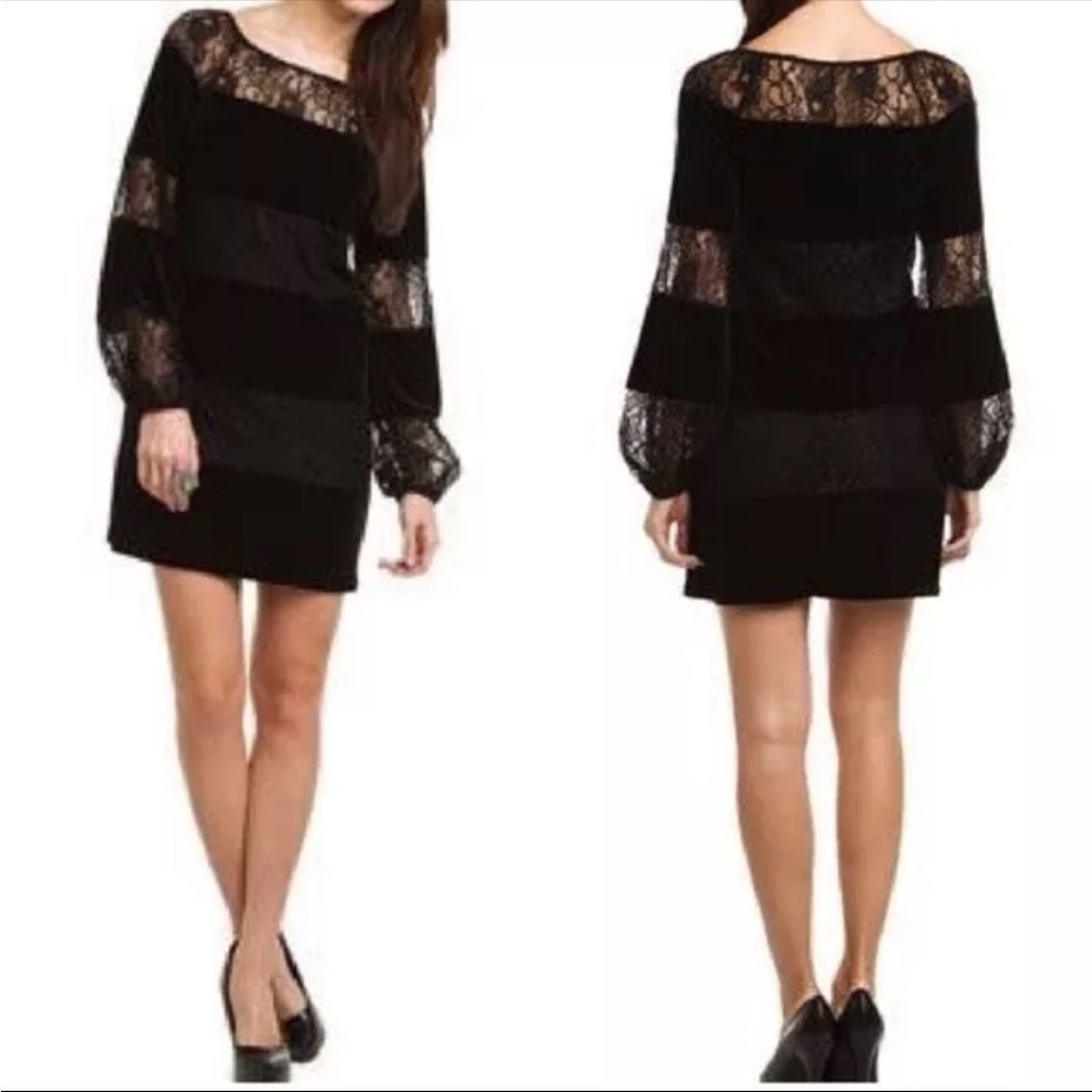 Laundry By Shelli Segal Black Velvet & Lace Mini Dress W/ Bishop Sleeves - 10